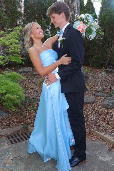 A-Line Empire Pleated Strapless Party Prom Dress With Leg Slit 