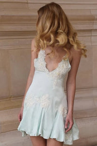 A-Line Lace Appliques Satin Sleeveless V-Neck Homecoming Dress