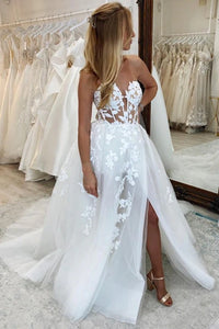 A-Line Sheer Empire Lace Appliques Split Strapless Wedding Dress