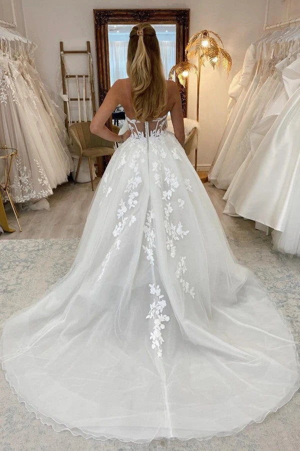 A-Line Sheer Empire Lace Appliques Split Strapless Wedding Dress
