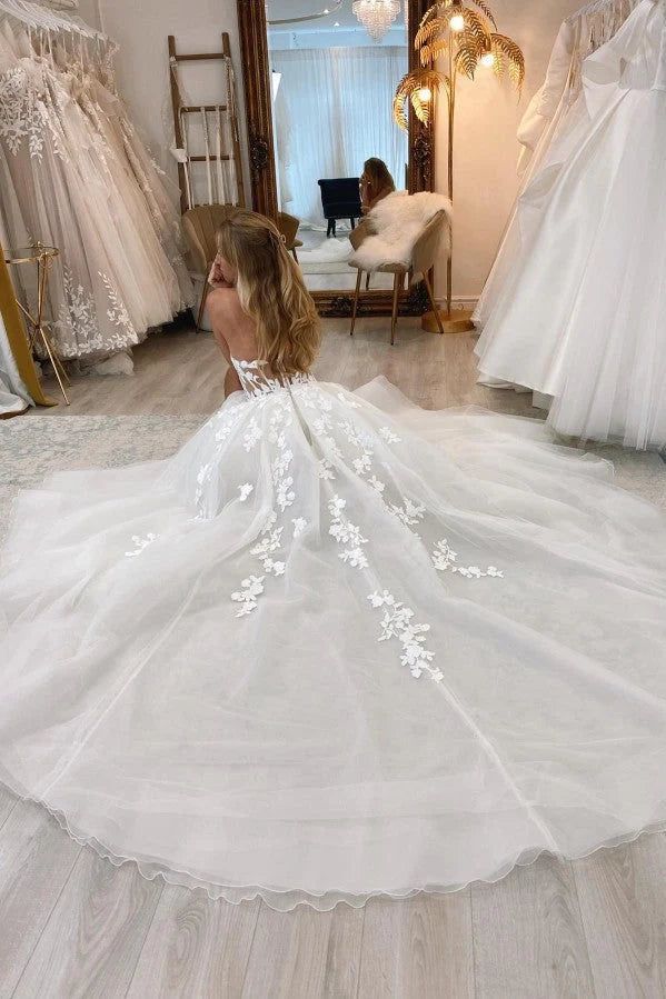 A-Line Sheer Empire Lace Appliques Split Strapless Wedding Dress