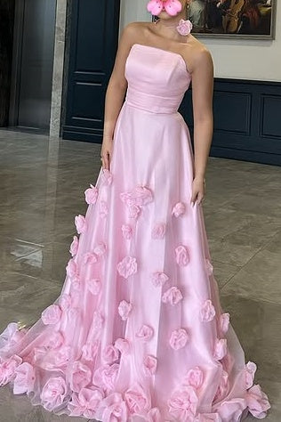 A-Line Strapless High-Waist 3D Floral Party Prom Dress 