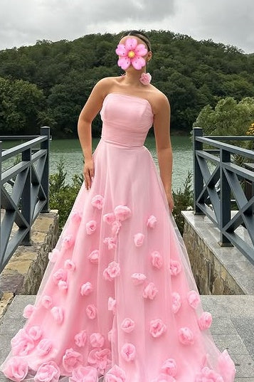 A-Line Strapless High-Waist 3D Floral Party Prom Dress 