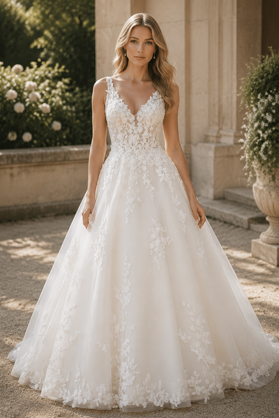 A-Line V-Neck Straps Backless Lace Appliques Tulle Wedding Dress