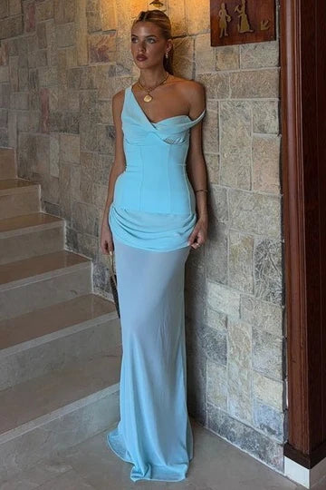 Asymmetrical Straps Empire Sheer Chiffon Party Prom Dress