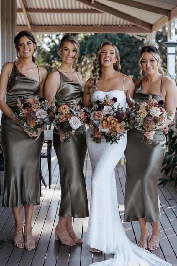 Asymmetry Straps Sleeveless Satin Fitted Midi Bridesmaid Dress