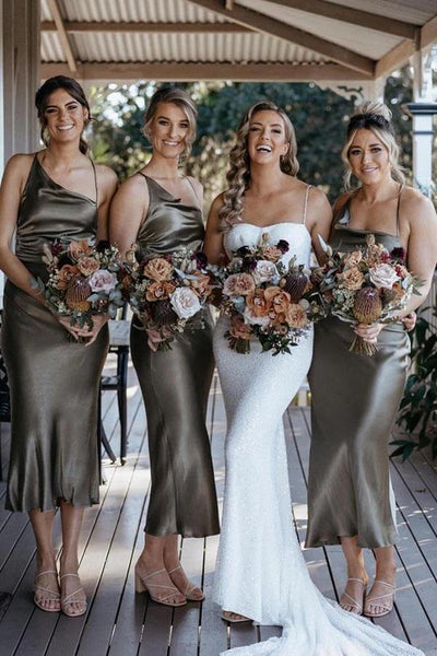 Asymmetry Straps Sleeveless Satin Fitted Midi Bridesmaid Dress