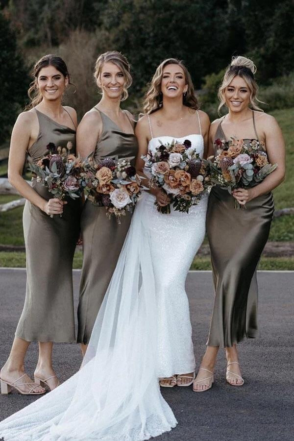 Asymmetry Straps Sleeveless Satin Fitted Midi Bridesmaid Dress