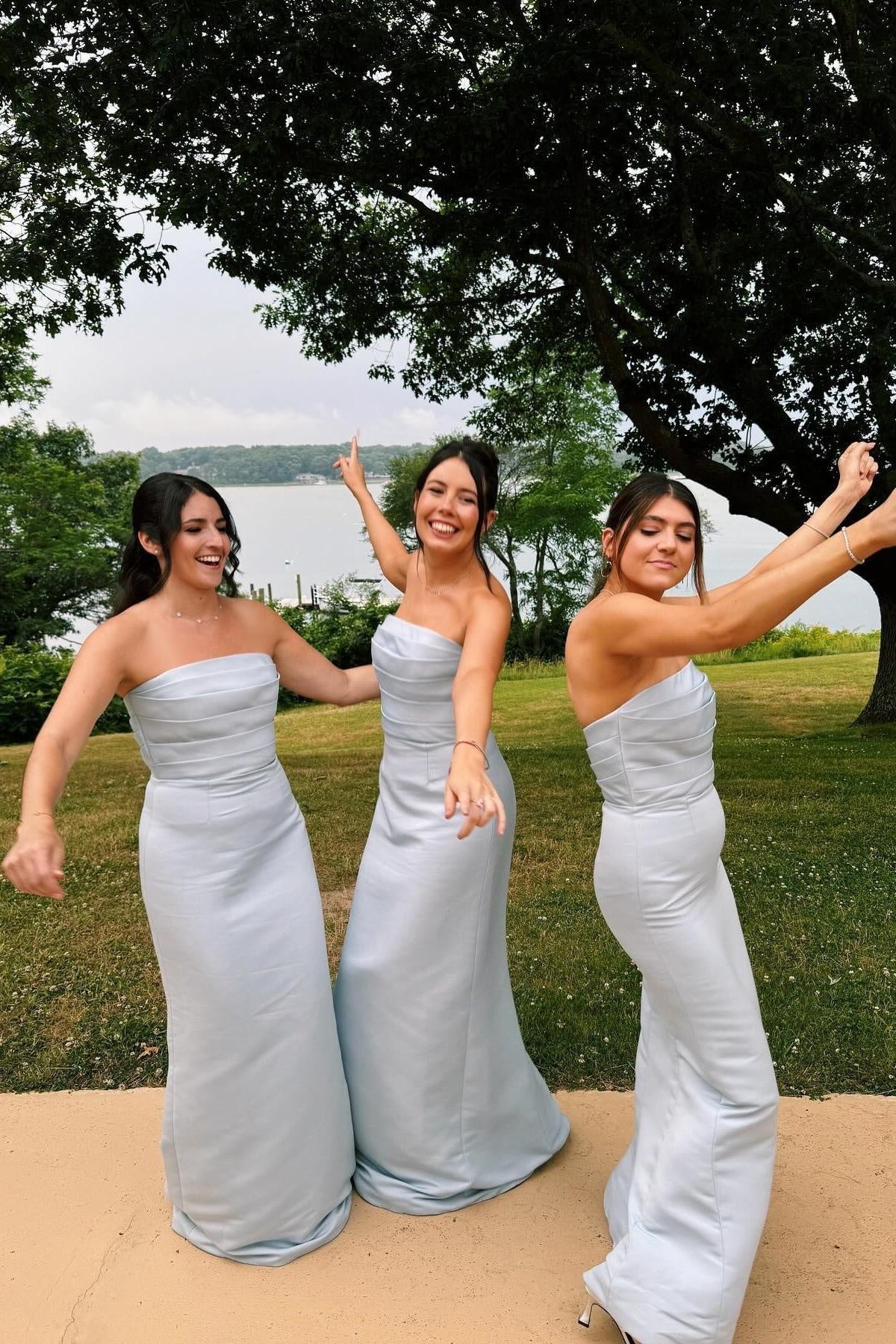 Baby Blue Satin Fitted Strapless Mermaid Bridesmaid Dress