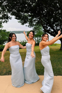 Baby Blue Satin Fitted Strapless Mermaid Bridesmaid Dress