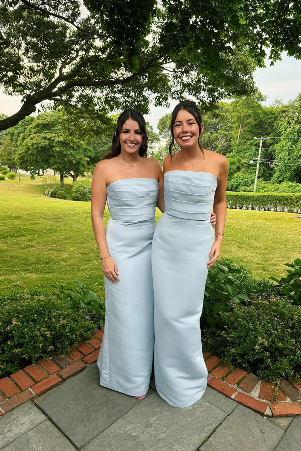 Baby Blue Satin Fitted Strapless Mermaid Bridesmaid Dress