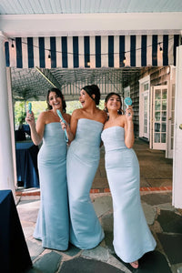 Baby Blue Satin Fitted Strapless Mermaid Bridesmaid Dress