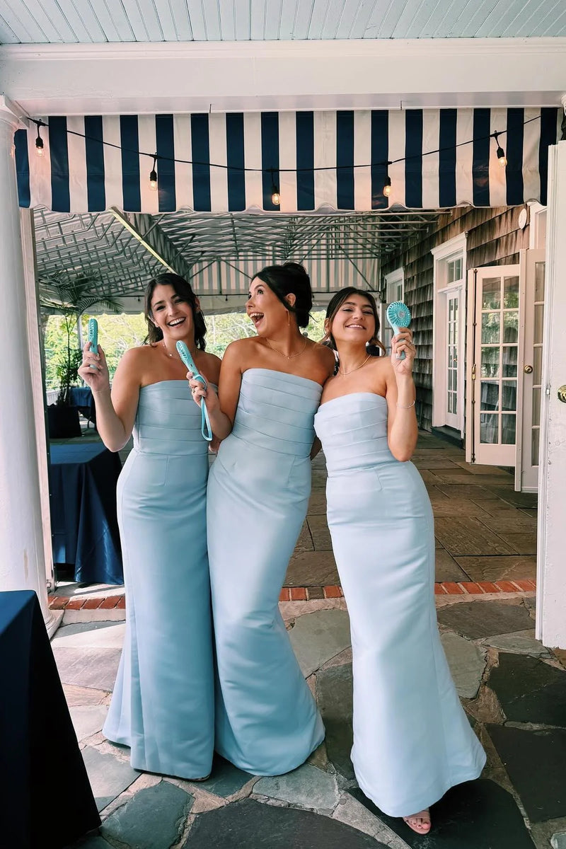 Baby Blue Satin Fitted Strapless Mermaid Bridesmaid Dress