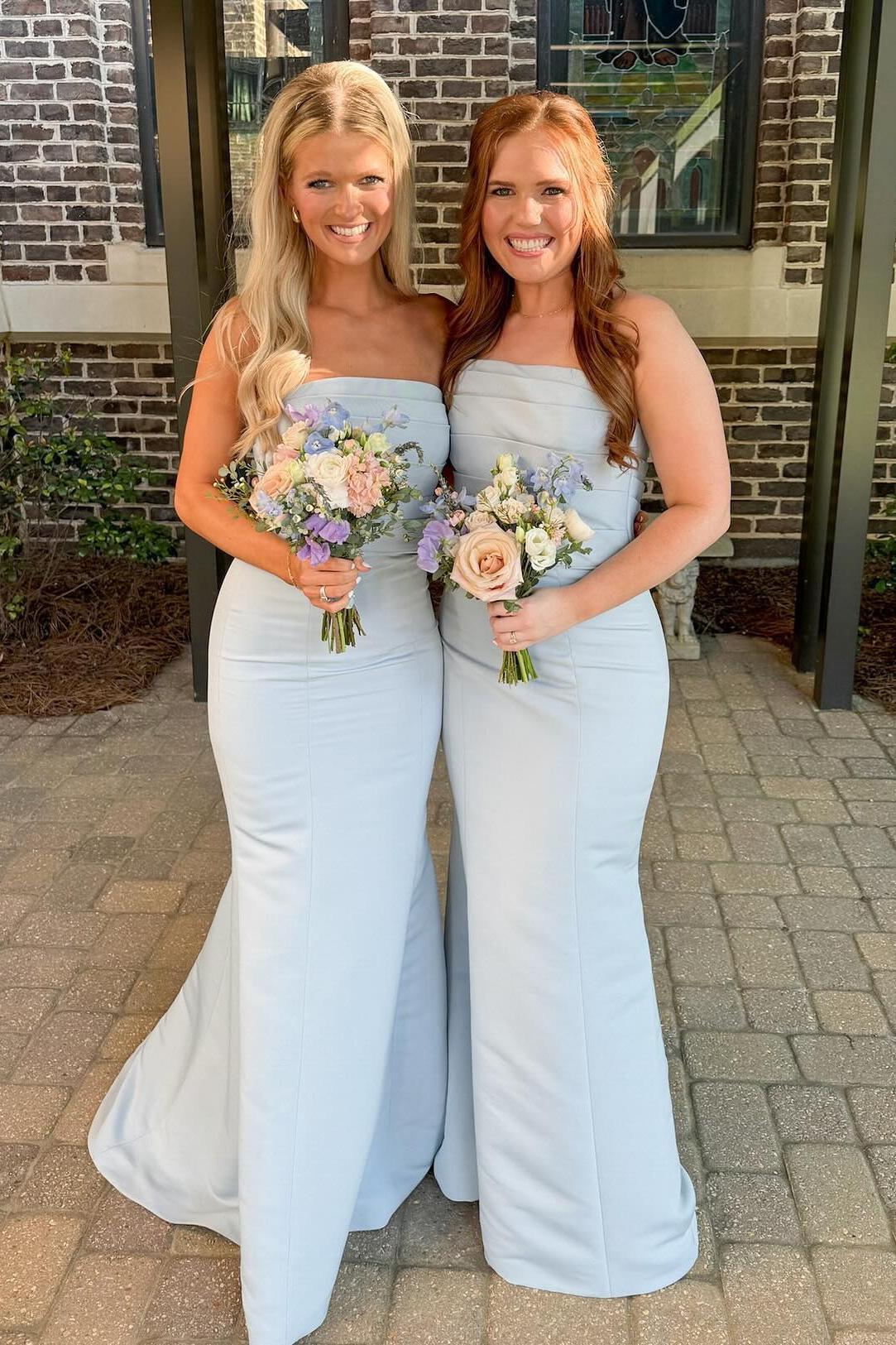 Baby Blue Satin Fitted Strapless Mermaid Bridesmaid Dress