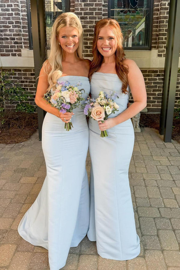 Baby Blue Satin Fitted Strapless Mermaid Bridesmaid Dress