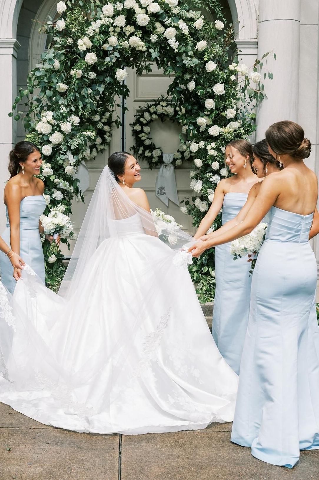 Baby Blue Satin Fitted Strapless Mermaid Bridesmaid Dress