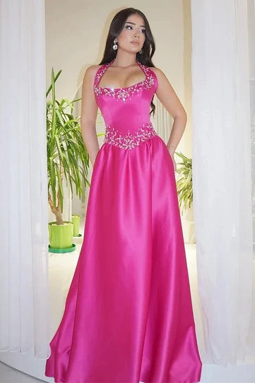 Bateau Halter Satin A-Line Beaded Maxi Party Prom Dress
