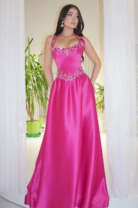 Bateau Halter Satin A-Line Beaded Maxi Party Prom Dress
