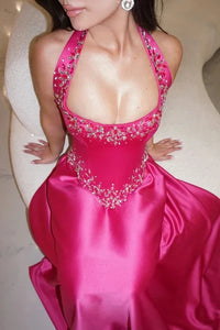 Bateau Halter Satin A-Line Beaded Maxi Party Prom Dress