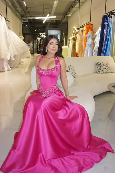 Bateau Halter Satin A-Line Beaded Maxi Party Prom Dress