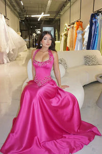 Bateau Halter Satin A-Line Beaded Maxi Party Prom Dress