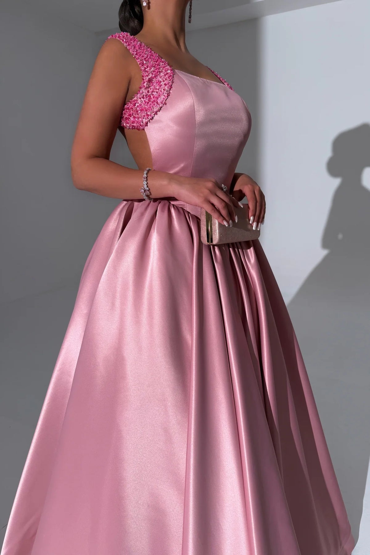 Bateau Satin Backless Beaded Straps A-Line Empire Party Prom Dress