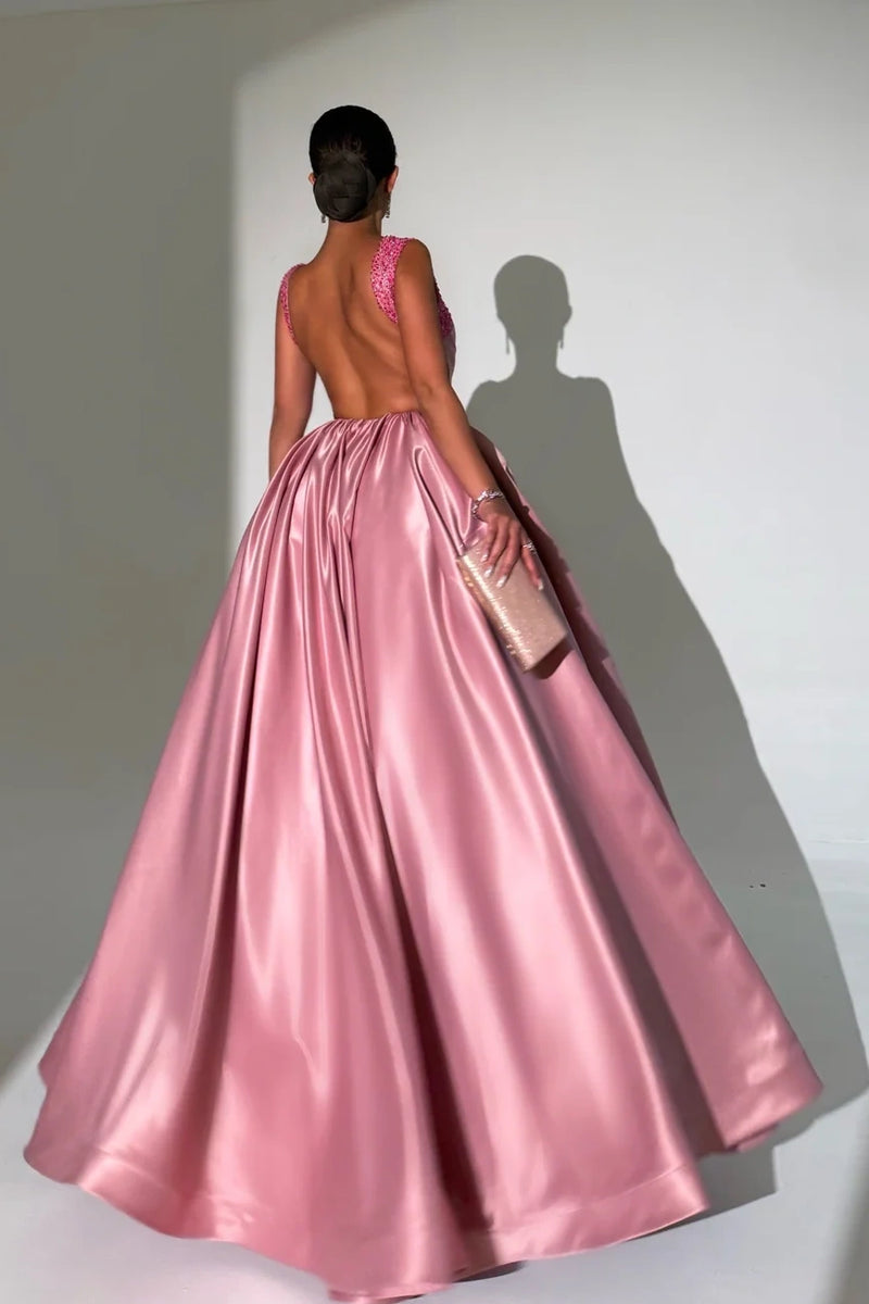 Bateau Satin Backless Beaded Straps A-Line Empire Party Prom Dress