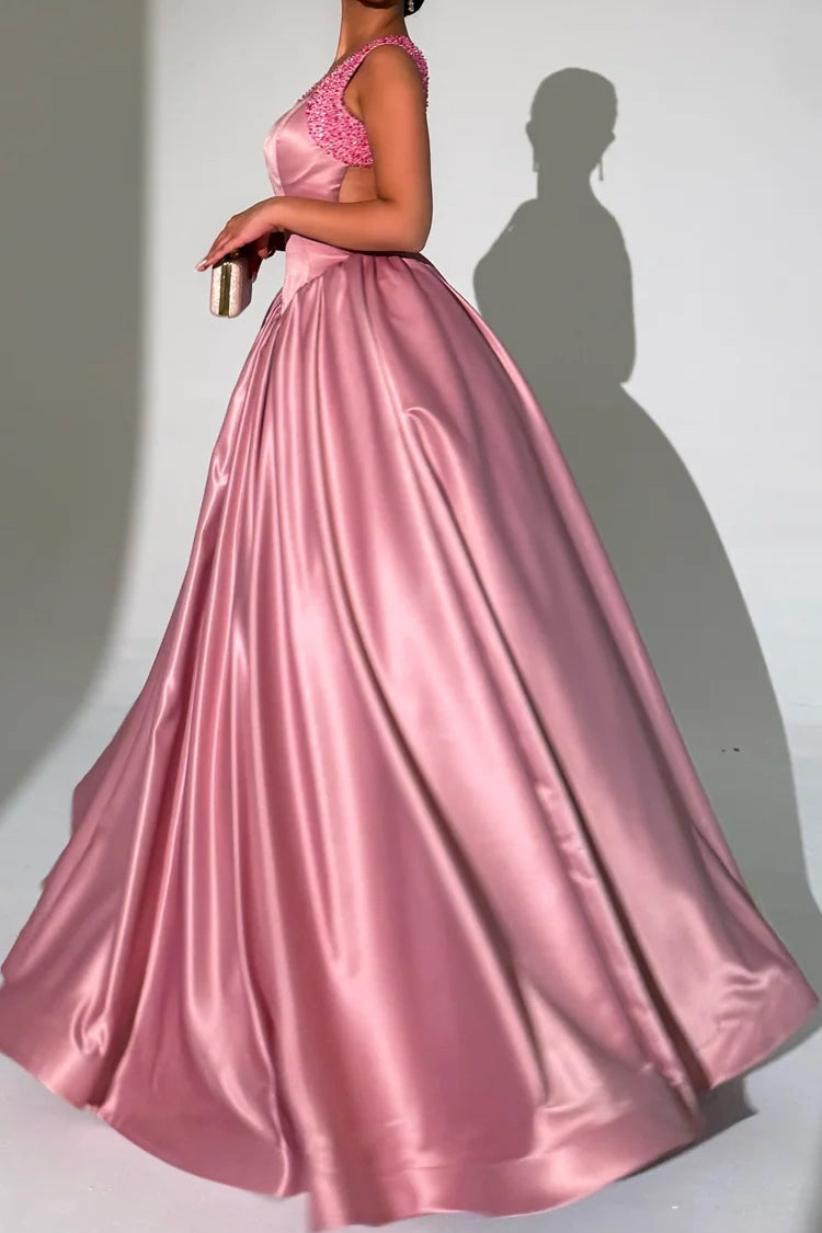 Bateau Satin Backless Beaded Straps A-Line Empire Party Prom Dress