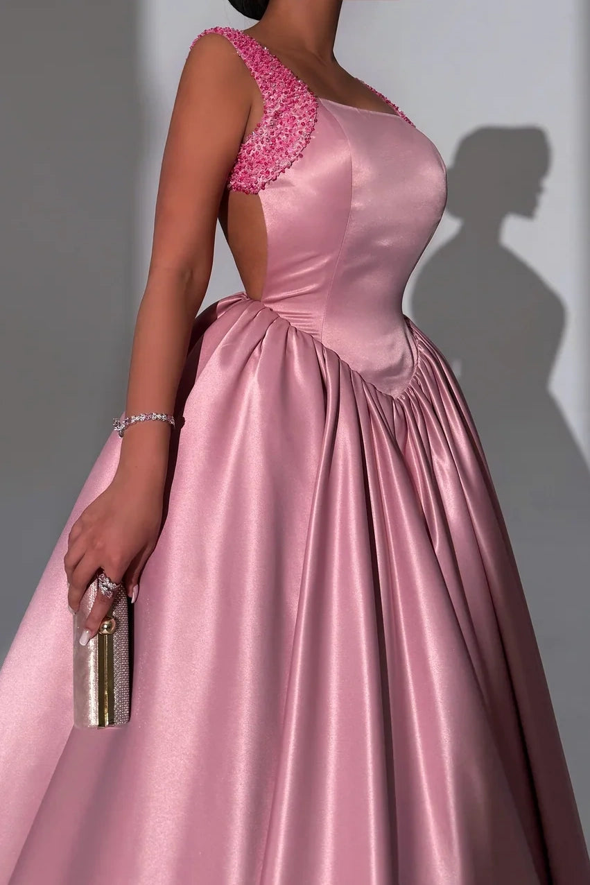 Bateau Satin Backless Beaded Straps A-Line Empire Party Prom Dress