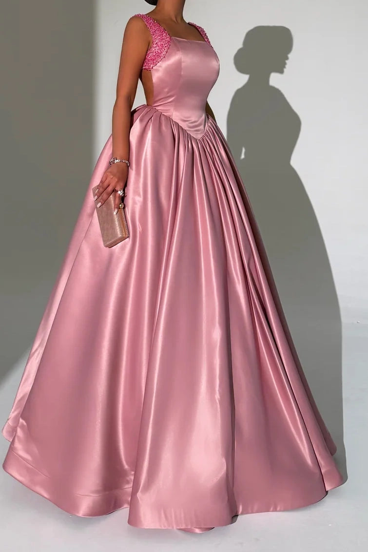 Bateau Satin Backless Beaded Straps A-Line Empire Party Prom Dress