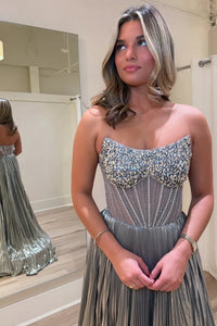 Bateau Sleeveless Beaded Top Pleated A-Line Party Prom Dress