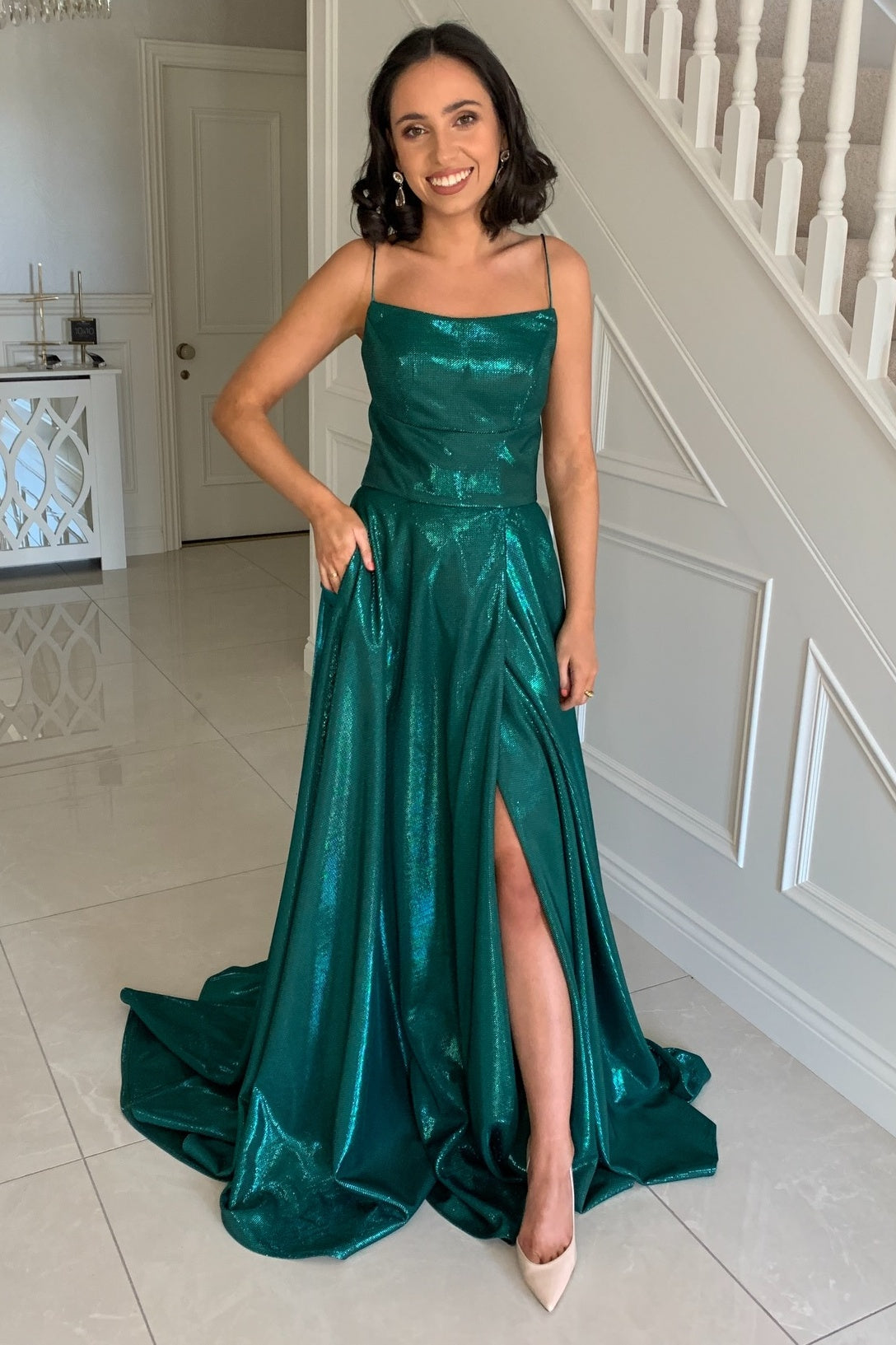 Bateau Sleeveless Lace-Up Satin Party Prom Dress With Leg Slit