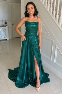 Bateau Sleeveless Lace-Up Satin Party Prom Dress With Leg Slit