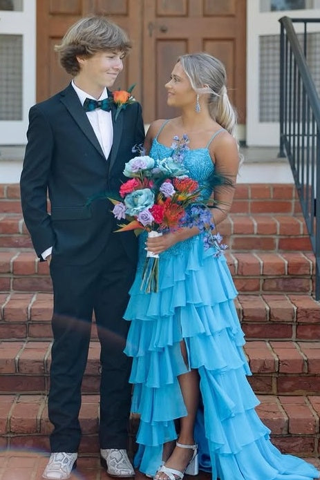 Bateau Sleeveless Lace And Chiffon Tiered Party Prom Dress