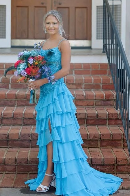 Bateau Sleeveless Lace And Chiffon Tiered Party Prom Dress
