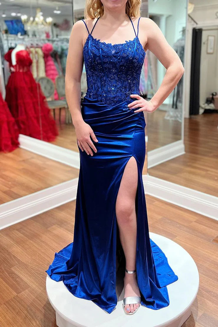 Bateau Sleeveless Lace And Satin Mermaid Party Prom Dress With Slit