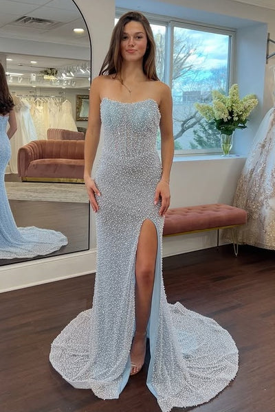 Bateau Sleeveless Pearls Mermaid Party Prom Dress With Train 