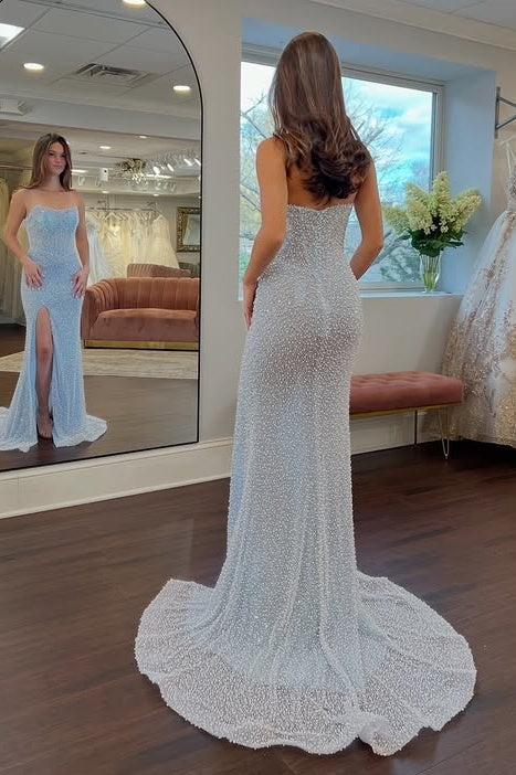 Bateau Sleeveless Pearls Mermaid Party Prom Dress With Train 