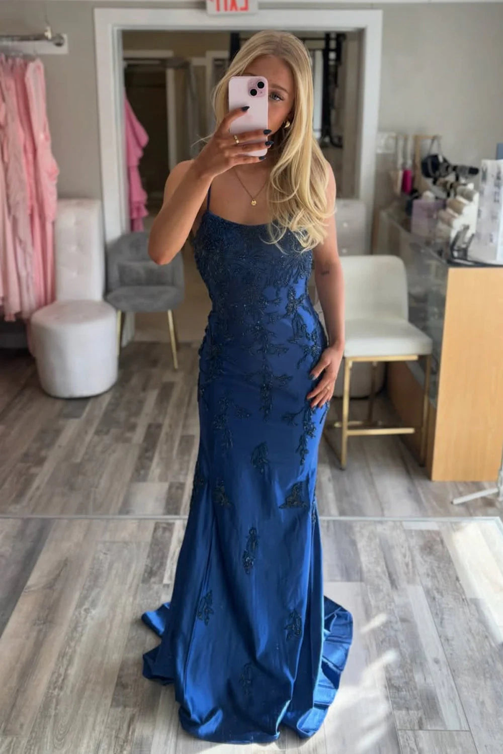 Bateau Sleeveless Satin Mermaid Lace Appliques Maxi Party Prom Dress