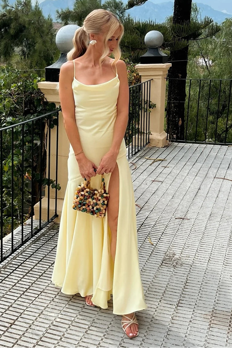 Bateau Spaghetti Straps Lace-Up Party Prom Dress With Slit