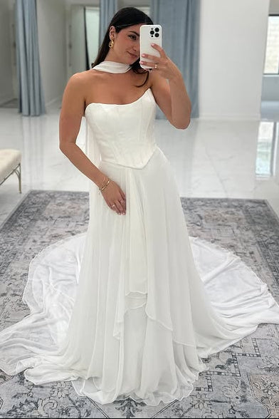 Bateau Strapless High Waist A-Line Chiffon Wedding Dress