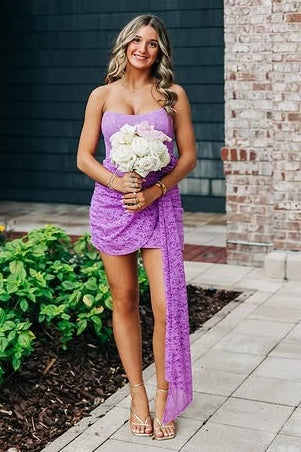 Bateau Strapless Sheath Empire Lace Mini Homecoming Party Dress