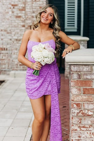 Bateau Strapless Sheath Empire Lace Mini Homecoming Party Dress