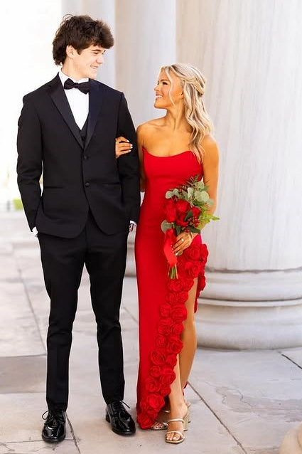 Bateau Strapless Sheath Floral Slit Maxi Satin Party Prom Dress