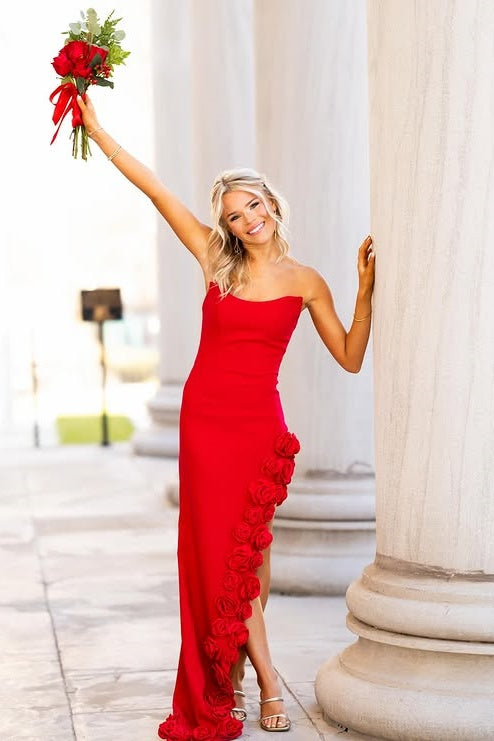 Bateau Strapless Sheath Floral Slit Maxi Satin Party Prom Dress