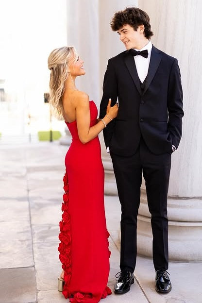 Bateau Strapless Sheath Floral Slit Maxi Satin Party Prom Dress