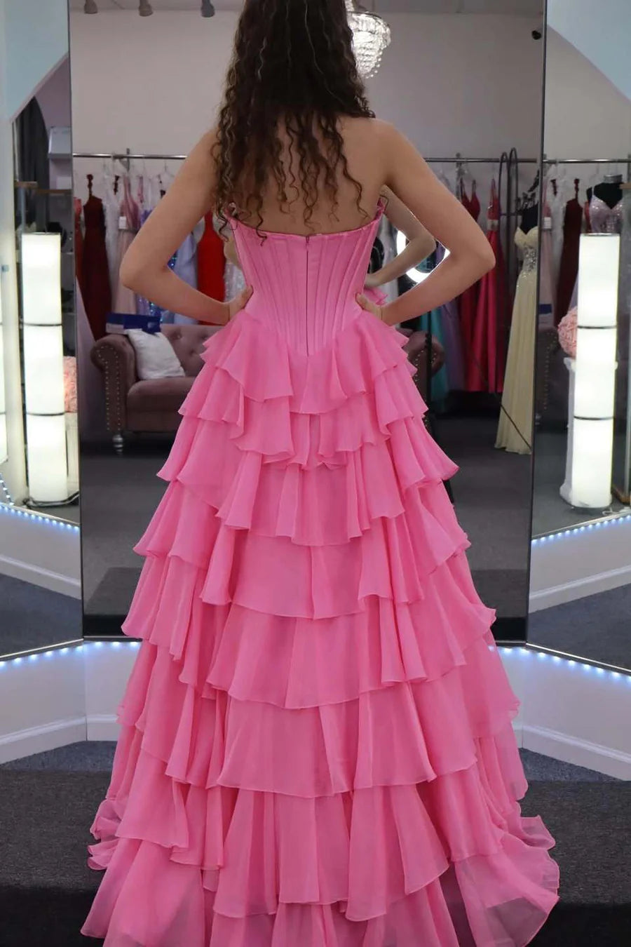 Bateau Strapless Two Tone A-Line Tiered Party Prom Dress 