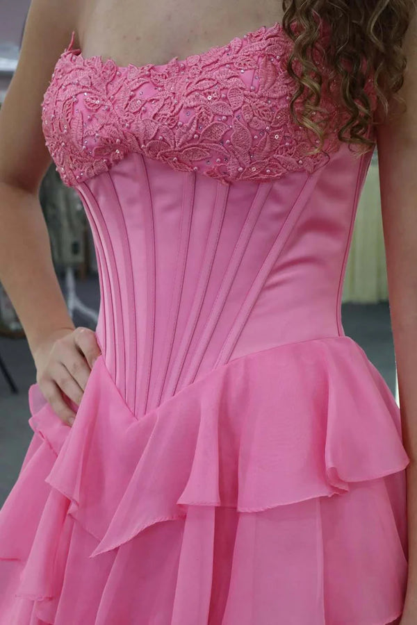 Bateau Strapless Two Tone A-Line Tiered Party Prom Dress 