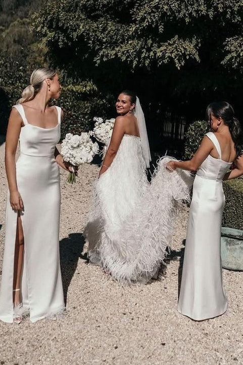 Bateau Straps Satin Fitted Empire Split Long Bridesmaid Dress