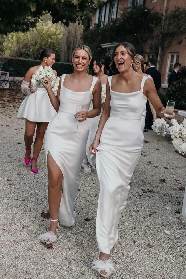 Bateau Straps Satin Fitted Empire Split Long Bridesmaid Dress